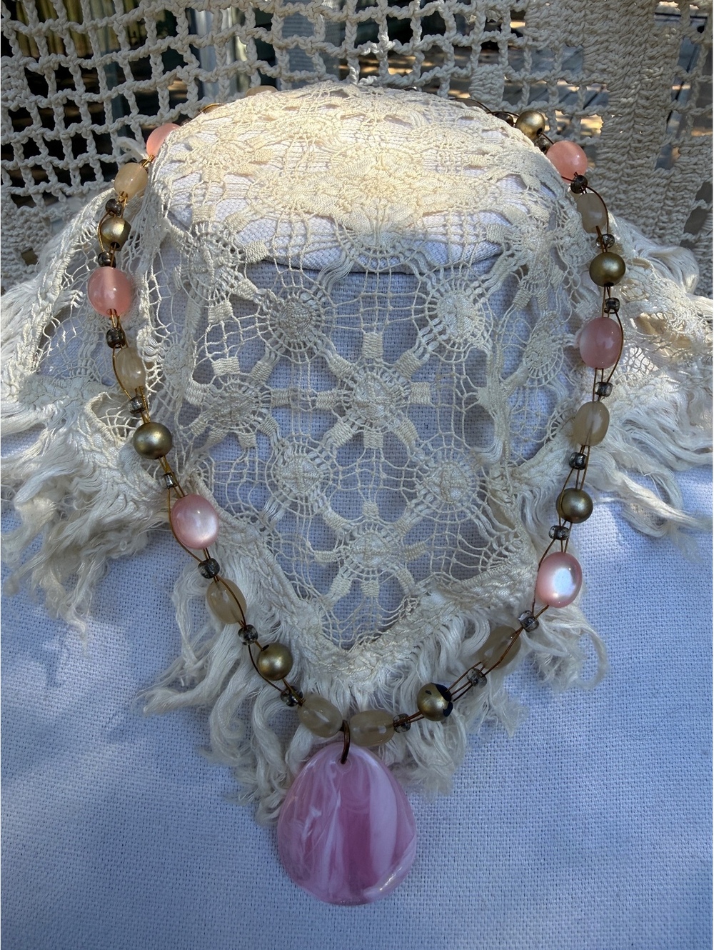Pink Teardrop Pendant Beaded Necklace